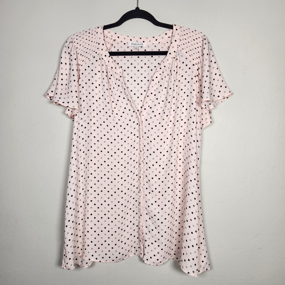 Rose + Olive Womens 1X Pink Sheer Flutter Sleeve Polka Dot Top Romantic Feminine